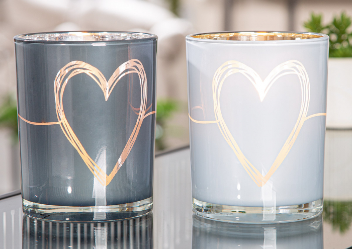 Suport lumanare, cilindric, Modern Heart, Motiv inimă, Sticlă, gri, alb, PU 8, 2 buc. asortate, H. 12,5 cm, D. 10 cm [6]