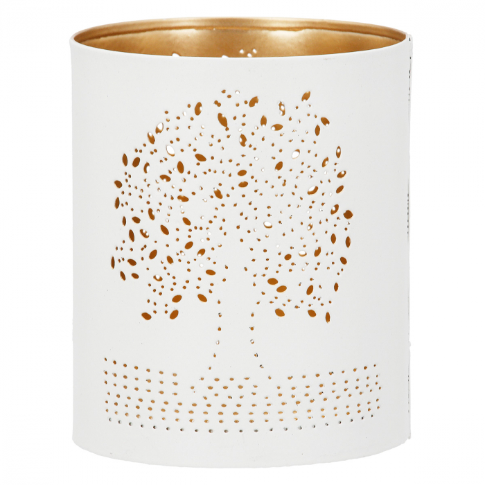 Suport lumanare, cilindric, Tree of Life, Motiv Arborele vieții, Metal, auriu, gri, alb, PU 12, 2 buc. asortate, H. 10 cm, D. 8,5 cm [2]