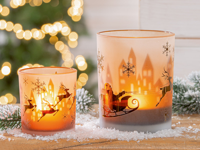 Suport lumanare, cilindrica, „Schlitten”, motiv cu ren, sticla, maro, PU 8, H 12,5 cm, A. 10 cm [2]