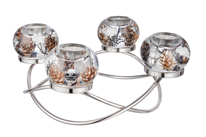 Suport lumanare Dreamlight, Ronda Smart, „Poveste de iarna”, motiv con de pin, sticla, culoare argintie, PU 1, H 14 cm, A. 34 cm [2]