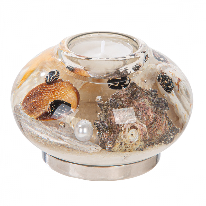 Suport lumânare Dreamlight, Tealight, Contessa, motiv scoici, sticlă, bej, PU 4, L. 11 cm, l. 11 cm, H 8 cm [2]