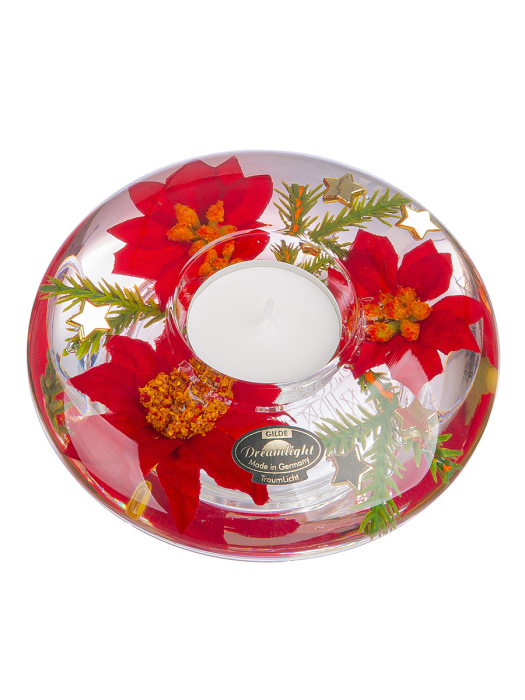 Suport lumanare Dreamlight, tip pastila, Ufo Medium, „Floare de Craciun”, Sticla, rosu, PU 6, H 5 cm, A. 12 cm [3]