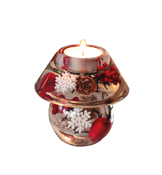 Suport lumanare Dreamlight, tip tealight, Noblesse Mini, „Winter Berries”, motiv fulg de zapada, sticla, transparent, rosu, PU 6, L. 9,5 cm, latime 10 cm, inaltime 9,5 cm [2]
