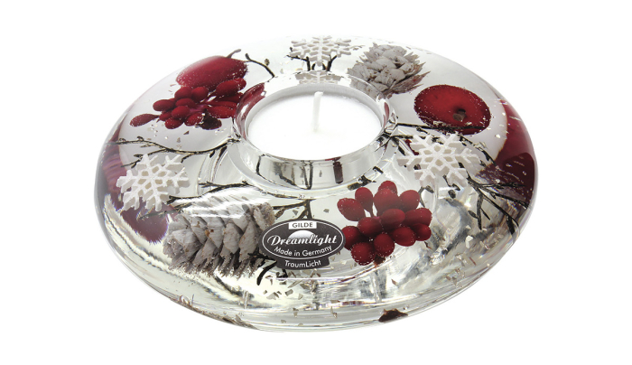 Suport lumanare Dreamlight, tip tealight, Ufo Medium, „Winter Berries”, sticla, transparent, rosu, PU 6, H 5 cm, A. 12 cm [3]