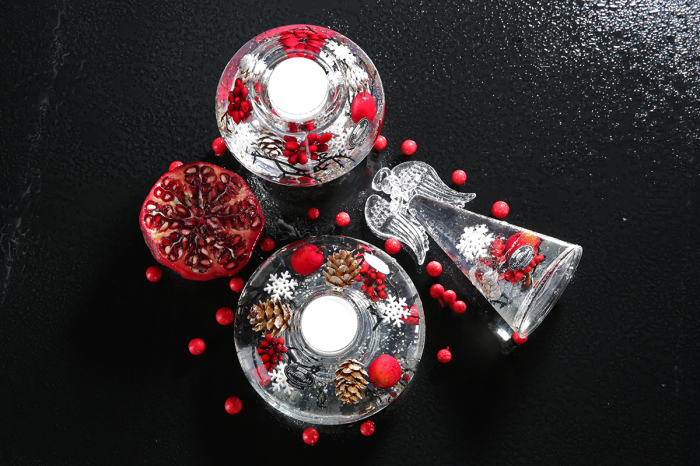 Suport lumanare Dreamlight, tip tealight, Ufo Medium, „Winter Berries”, sticla, transparent, rosu, PU 6, H 5 cm, A. 12 cm [2]