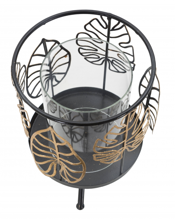 Suport lumanare, Fier/Sticla, Negru/Auriu, 16x16x26 cm [4]