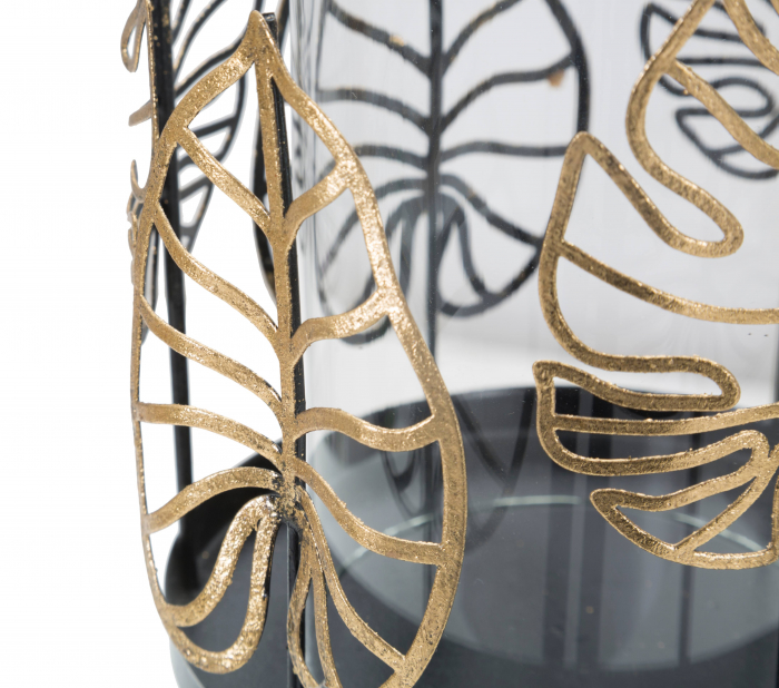 Suport lumanare, Fier/Sticla, Negru/Auriu, 16x16x26 cm [2]