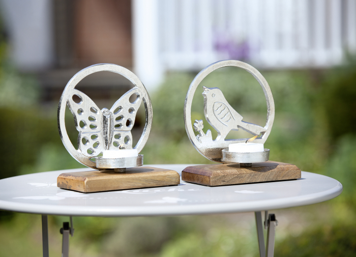 Set 2 suporturi lumanare pasare, fluture, aluminiu/lemn, maro/argintiu, 18x20x10 cm [2]