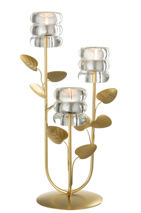 Suport lumanare ramura si frunza 3 parti, metal, auriu/transparent | L 19X l 15.5X H 37.5 cm [2]