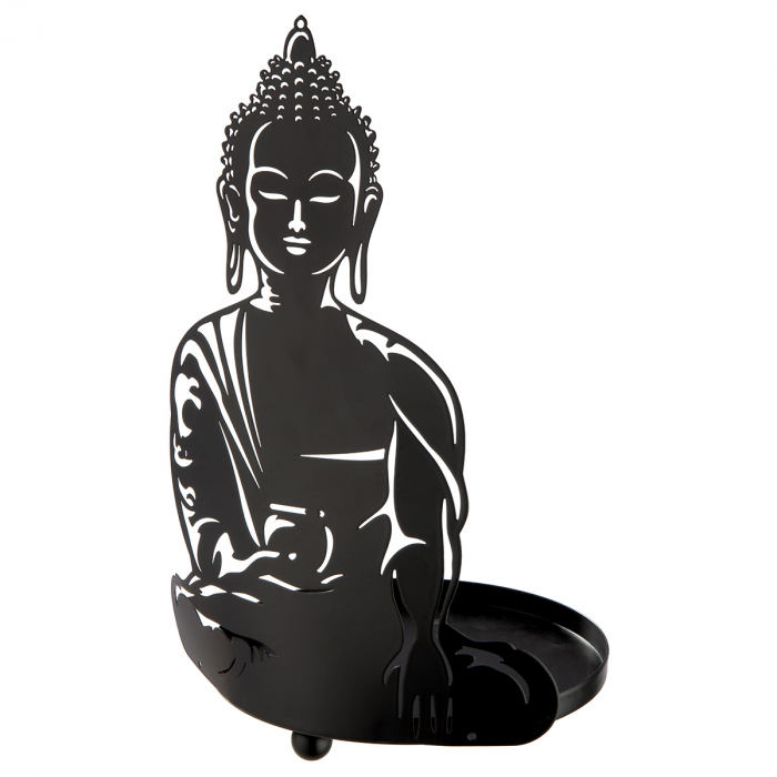Suport lumanare, rotund, Buddha, motiv Buddha, Sticlă, Metal, negru, PU 4, L. 12 cm, L. 12 cm, H. 21 cm [2]
