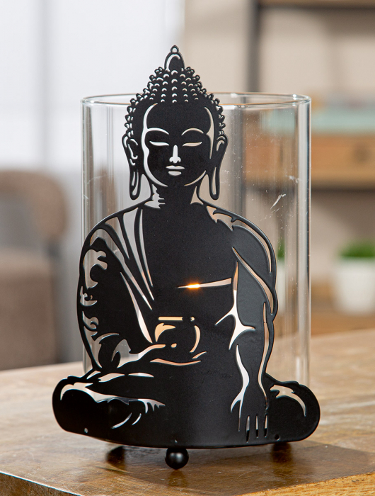 Suport lumanare, rotund, Buddha, motiv Buddha, Sticlă, Metal, negru, PU 4, L. 12 cm, L. 12 cm, H. 21 cm [4]