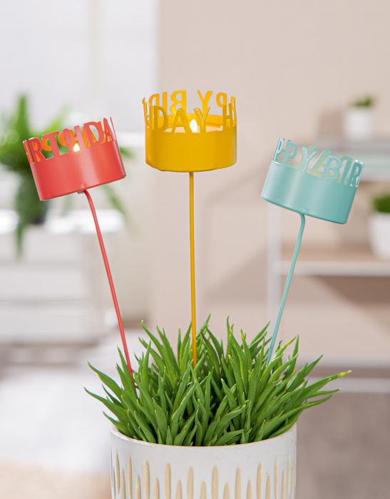 Suport lumanare, rotund, Felicitări, Saying, Metal, albastru, roșu, galben, PU 18, 3 buc. asortate, H. 25 cm, D. 5,2 cm [5]