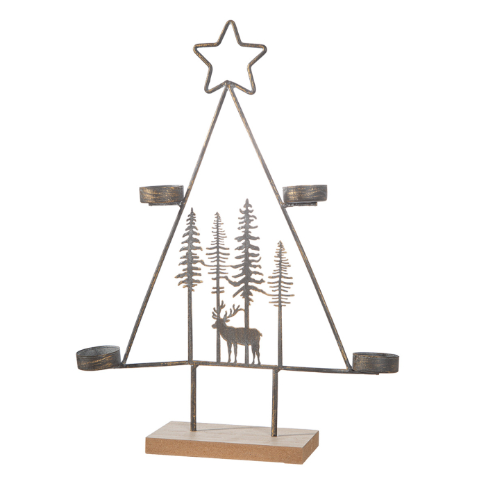 Suport lumanare tip tealight, Brad de Craciun, "Durada", Motiv padure, Metal, gri, PU 4, L. 7,5 cm, L. 31 cm, H 40,5 cm [3]