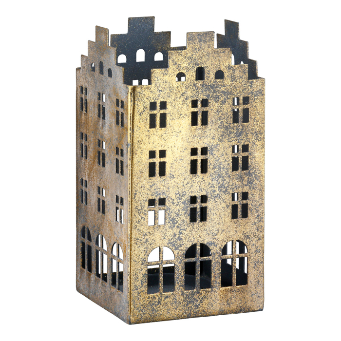 Suport lumanare tip tealight, Casa, "Häuserreihe", Motiv Casa, Metal, auriu, PU 6, Asortat de 3 ori, L. 9 cm, L. 9 cm, H 18 cm [5]