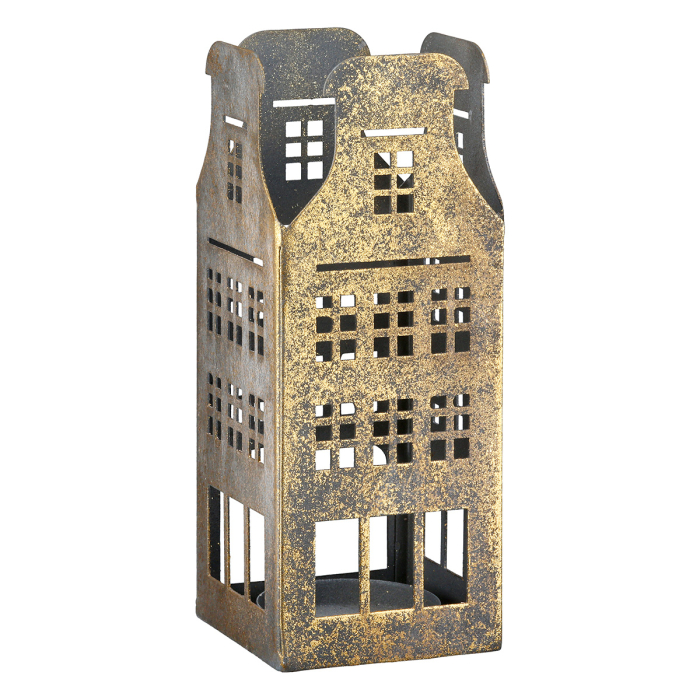 Suport lumanare tip tealight, Casa, "Häuserreihe", Motiv Casa, Metal, auriu, PU 6, Asortat de 3 ori, L. 9 cm, L. 9 cm, H 18 cm [3]