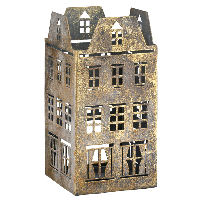 Suport lumanare tip tealight, Casa, "Häuserreihe", Motiv Casa, Metal, auriu, PU 6, Asortat de 3 ori, L. 9 cm, L. 9 cm, H 18 cm [2]