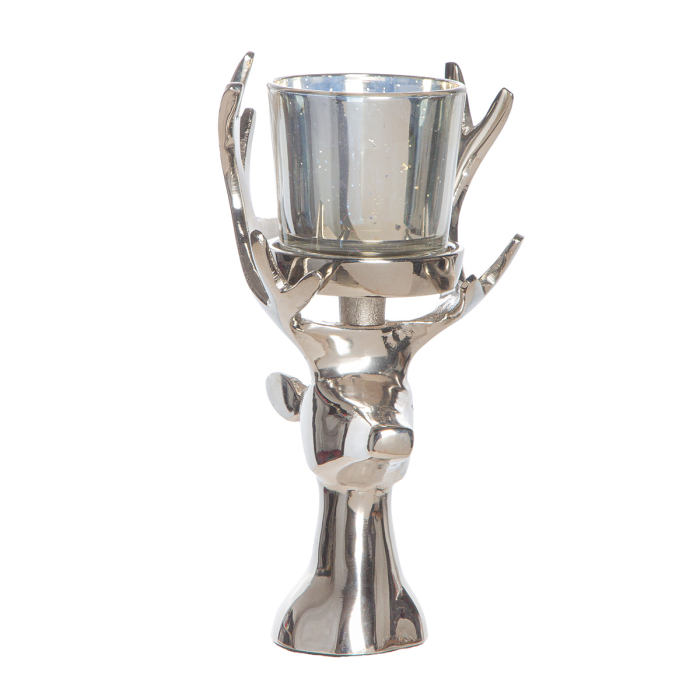 Suport lumanare tip tealight, Cerb, „Isaac”, Aluminiu, culoare argintie, PU 3, L. 8,5 cm, L. 9,5 cm, H 18 cm [2]