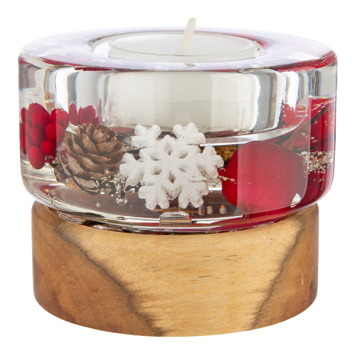 Suport lumanare tip tealight, Colum Smart pe baza de lemn, "Winter Berries", Lemn, maro, roșu, PU 4, H 6,5 cm, A. 8,5 cm [3]