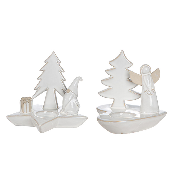 Suport lumanare tip tealight, Stea, "Luce", motiv brad de Craciun, Portelan, crem, PU 4, 2 asortate, L. 13 cm, L. 13 cm, H 13,5 cm [2]
