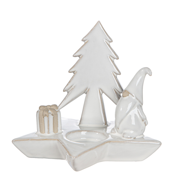 Suport lumanare tip tealight, Stea, "Luce", motiv brad de Craciun, Portelan, crem, PU 4, 2 asortate, L. 13 cm, L. 13 cm, H 13,5 cm [3]
