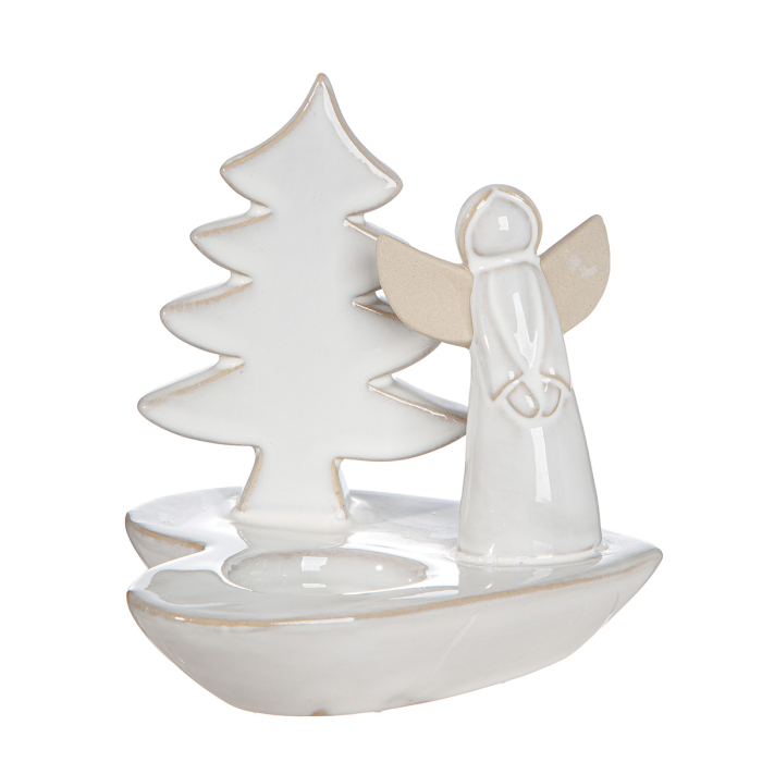 Suport lumanare tip tealight, Stea, "Luce", motiv brad de Craciun, Portelan, crem, PU 4, 2 asortate, L. 13 cm, L. 13 cm, H 13,5 cm [4]