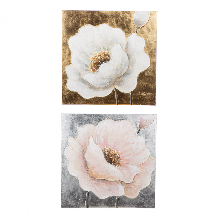 Tablou, pătrat, Hibiscus, Pânză, auriu, trandafir, argintiu, alb, PU 4, 2 buc. asortate, L. 2,5 cm, L. 50 cm, H. 50 cm [10]