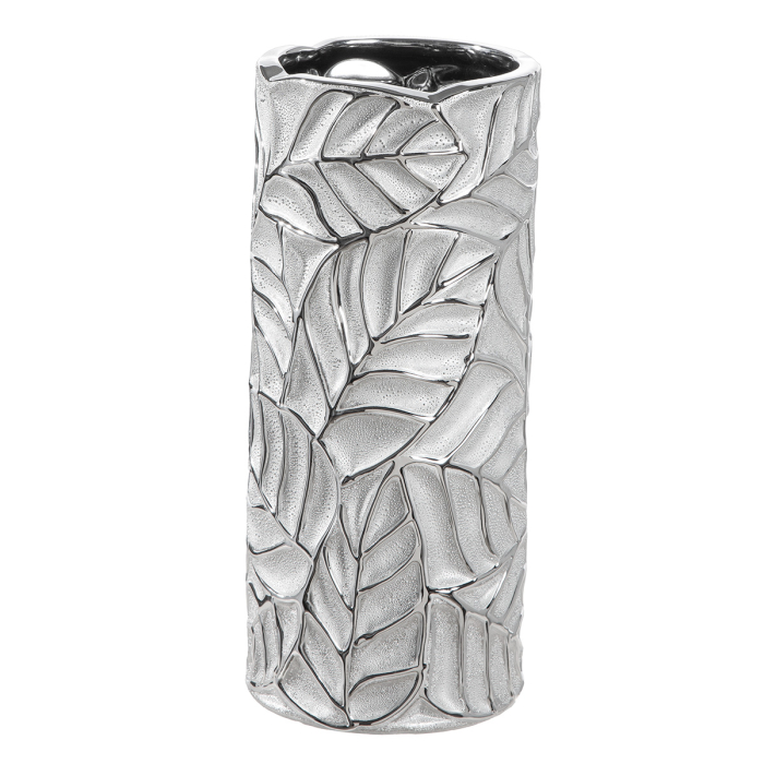 Vaza, cilindrica, "Faggio", motiv cu frunze, ceramica, culoare argintie, PU 3, H 25 cm, A. 11 cm [3]
