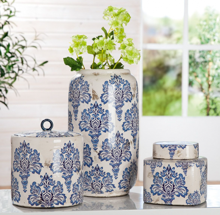 Bol cu capac FAIENCE, ceramica, pictata manual, albastru floral, 15,5x17 cm [3]