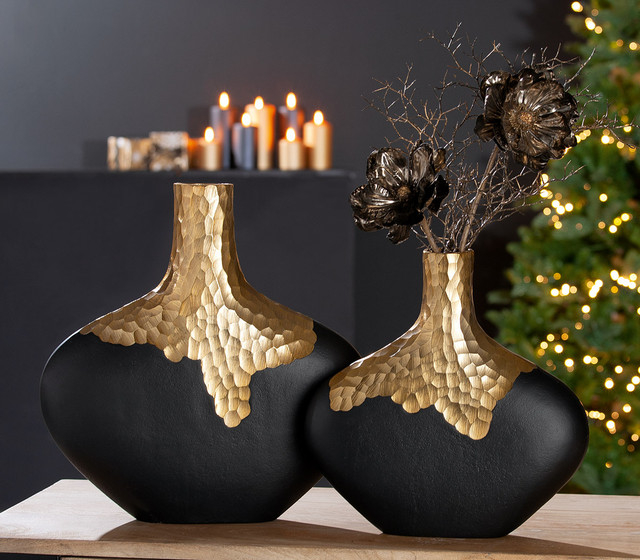 Vaza, FAVO, Aluminiu, Negru/ Auriu,36X6 cm [2]