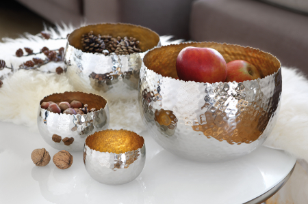 Boluri si castroane - Bol decorativ Sefa, Foita de aur/Fier nichelat, Auriu/Argintiu, 15x23x20 cm