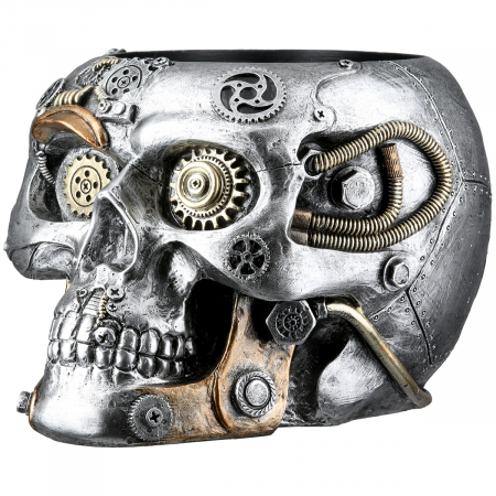 Steampunk - Cachepot, Skull, Steampunk skull planter, Motiv Gear, Polyresin, argintiu, PU 1, L. 23 cm, L. 17,5 cm, H. 14 cm