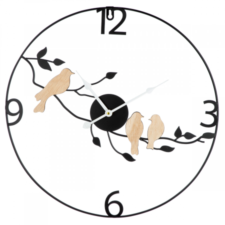 Ceasuri - Ceas de perete, rotund, motiv păsări, metal, negru, PU 1, L. 3 cm, D. 50 cm