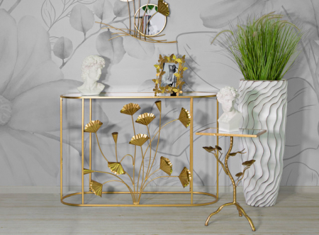 Mese consola - Consola Flow, Fier/MDF/Oglinda, Auriu, 80x120x40 cm