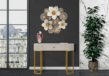 Mese consola - Consola Montpellier, Fier/Lemn/Fibre sintetice, Crem/Auriu/Alb, 75x100x40 cm