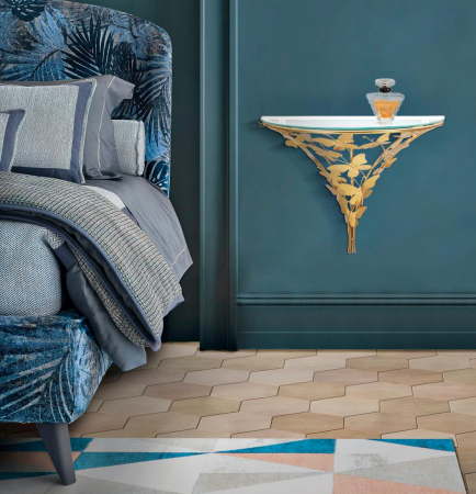 Mese consola - Consola/Noptiera suspendata Butterflies, Fier/Sticla, Auriu, 34.5x44.5x24.5 cm