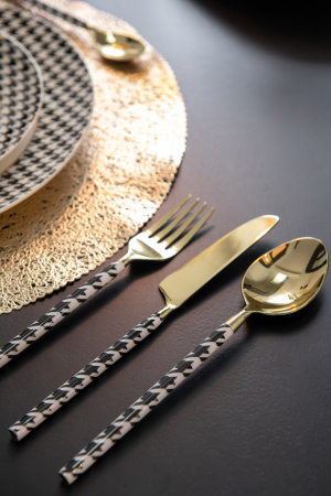 Tacamuri - Cutie cu 4 Tacamuri, Pied-De-Poule, Otel Inoxidabil, Auriu