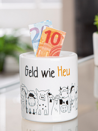 Jucarii pentru copii - Cutie de economii, cilindrică, Viața la țară, Motiv pui, motiv vacă, motiv cal, motiv oaie, motiv porc, zicală, Ceramica, alb, PU 8, H. 9 cm, D. 8,5 cm