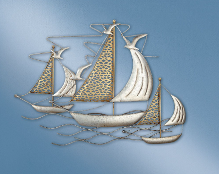 Decoratiuni de perete - Decoratiune de perete 3 sailing ships, metal, argintiu/auriu 71x52x2 cm