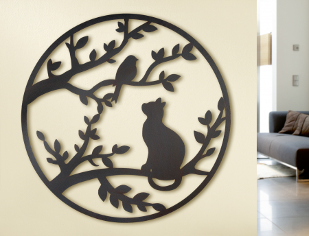 Accesorii - Decoratiune de perete Cat Bird, metal, maro, 80 cm