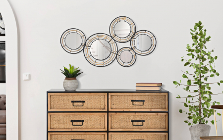 Decoratiuni de perete - Decoratiune de perete cu oglinzi OPORTO, Negru/Maro, Fier/Ratan/Oglinda, 59x111x9.5 cm