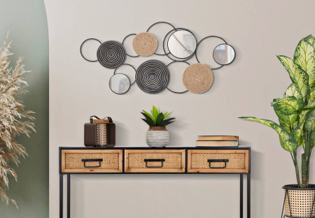 Decoratiuni de perete - Decoratiune de perete TRIBY, Negru/Maro, Fier/Poliester/Oglinda, 52x106.5x4.5 cm