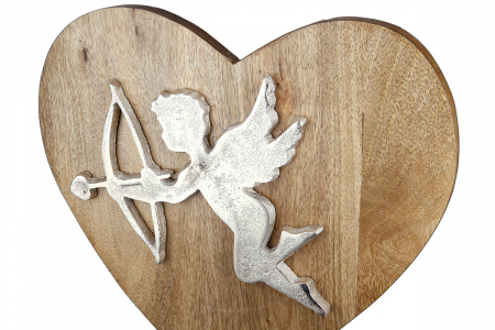 Dragobete - Decoratiune Heart Amor, Lemn, Maro/Argintiu, 20x21x5 cm