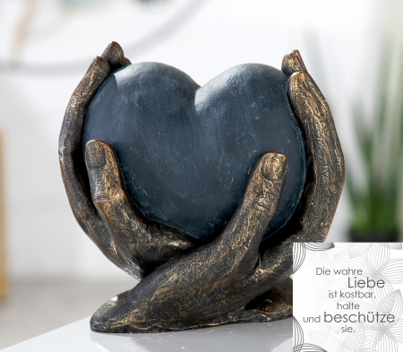Dragobete - Decoratiune Heart in hands, Rasina, Negru/Albastru, 15x15x10 cm