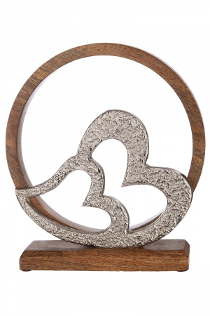 Dragobete - Decoratiune Heart in Heart, Lemn/Aluminiu, Maro/Argintiu, 24x26x5 cm