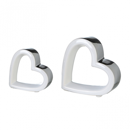 Dragobete - Decoratiune inima Forma, ceramica, alb/argintiu, 7x7x2.5 cm