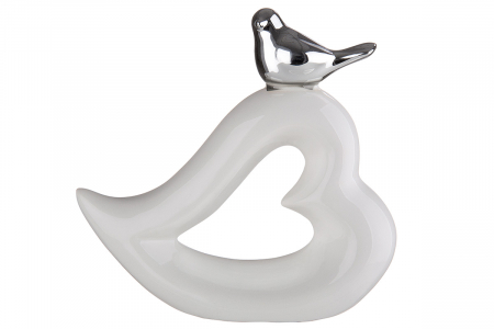 Accesorii - Decoratiune inima/pasare, ceramica, alb/argintiu, 10x9.5x3 cm
