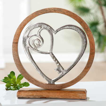 Dragobete - Decoratiune Key to Heart, lemn/aluminiu, maro/argintiu, 26x28 cm