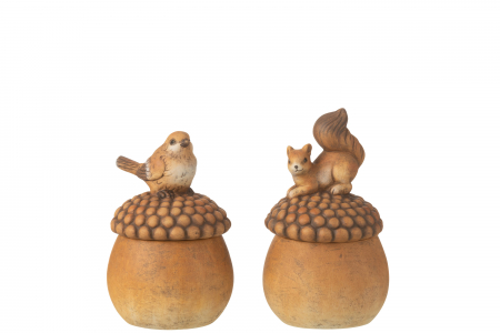 Accesorii - Decoratiune, Pasăre si veveriță pe ghindă, porțelan maro, sortiment mare de 2