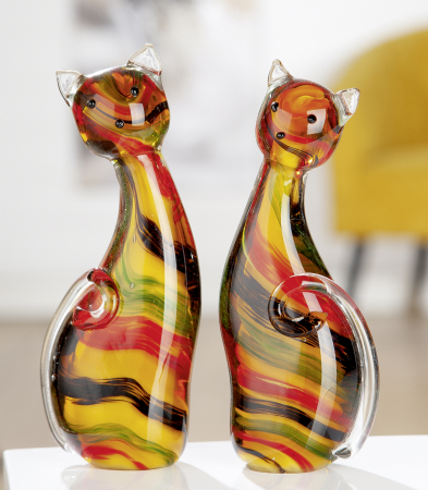 Arta sticlei - Set 2 pisici asortate, sticla, rosu/galben, 8.5x5.5x20 cm