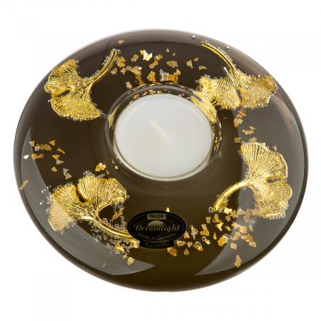 Suporturi lumanari - Dreamlight, Suport lumanare, Ufo Medium, Ginkgo Royal, motiv Ginkgo, Sticlă, auriu, PU 6, H. 5 cm, D. 12 cm